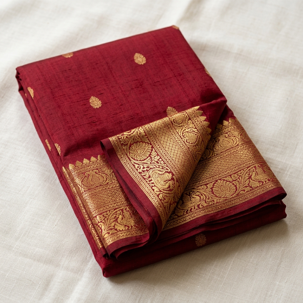 Photorealistic studio shot of a Deep Crimson Red Venkatagiri handloom saree with heavy pure gold zari border, neatly folded on an ivory background.