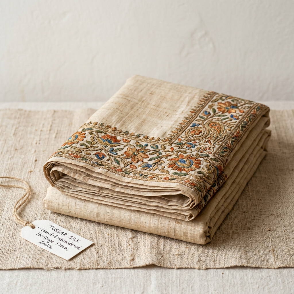 Editorial shot of a Natural Ivory Tussar silk saree with hand-embroidered heritage floral borders, presented in a clean retail fold stack.