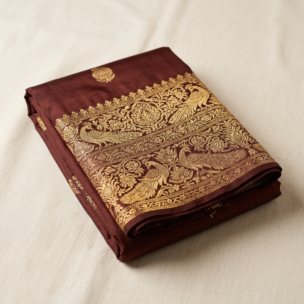 Photorealistic shot of a Deep Maroon Venkatagiri Pattu silk saree with grand traditional peacock motifs in pure gold zari, elegantly folded.