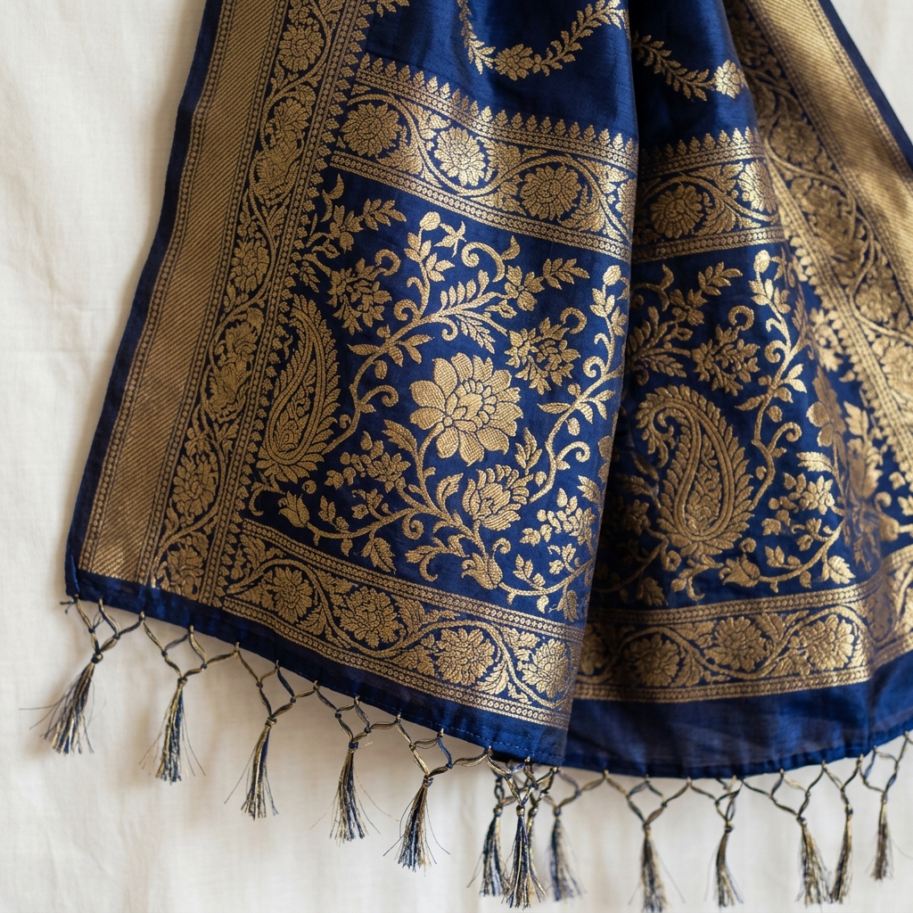 Macro closeup of a Midnight Blue Venkatagiri saree showing intricate gold floral zari brocade motifs and the luxurious silk sheen of the pallu.