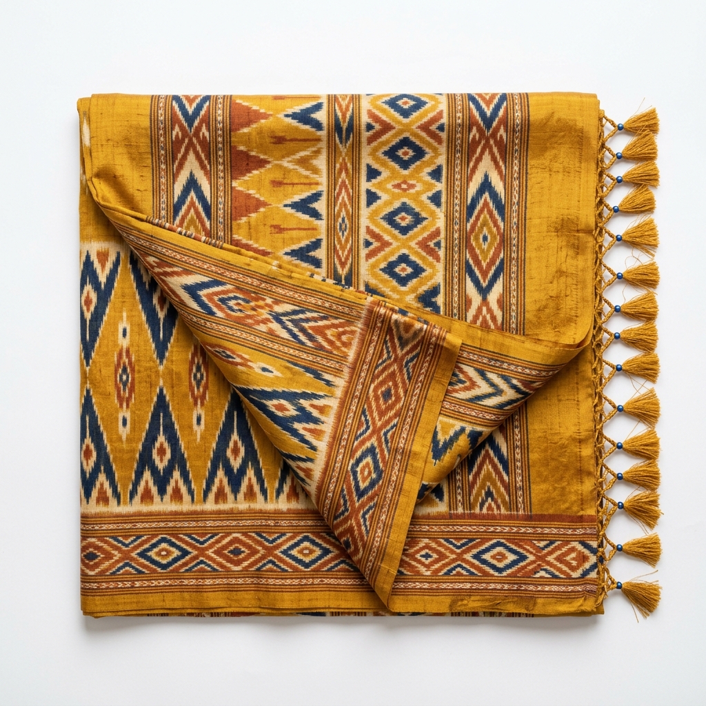 Sharp focus shot of a Mustard Yellow Pochampally Ikat silk saree, highlighting the traditional geometric patterns and vibrant natural dyes.