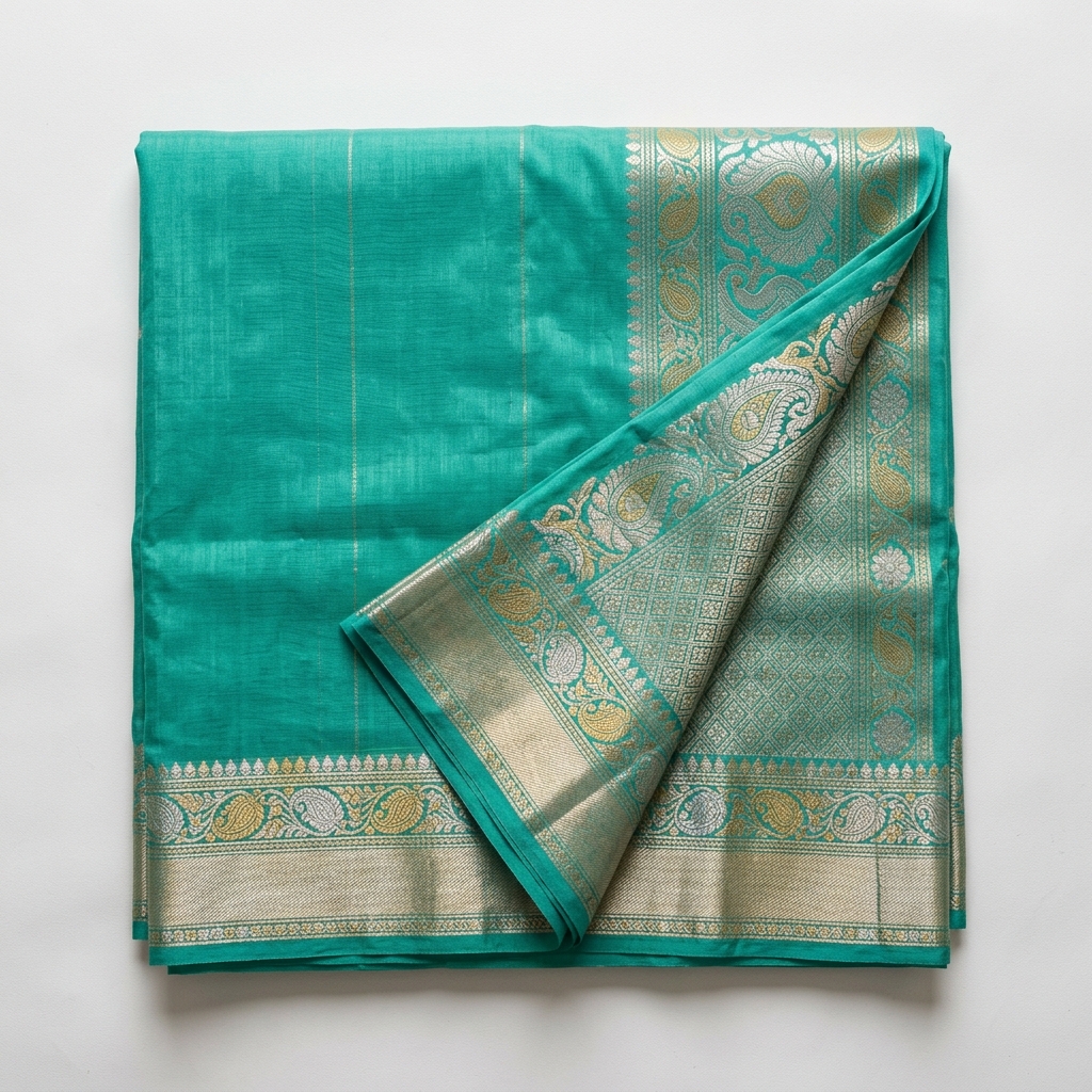 Overhead flat lay of a Vibrant Turquoise Green Venkatagiri cotton-silk saree, showcasing the fine weave and delicate zari border on a white surface.
